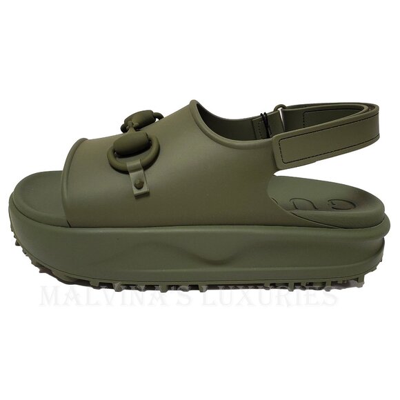 GUCCI SHOES MEN GREEN RUBBER HORSEBIT FLATFORM SANDALS sz 11 / 11.5 - Picture 5 of 16